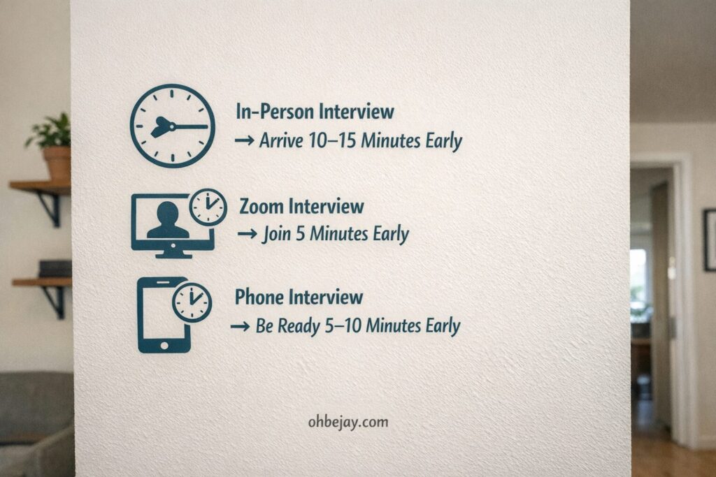 infographics on a wall - how early to arrive to an interview