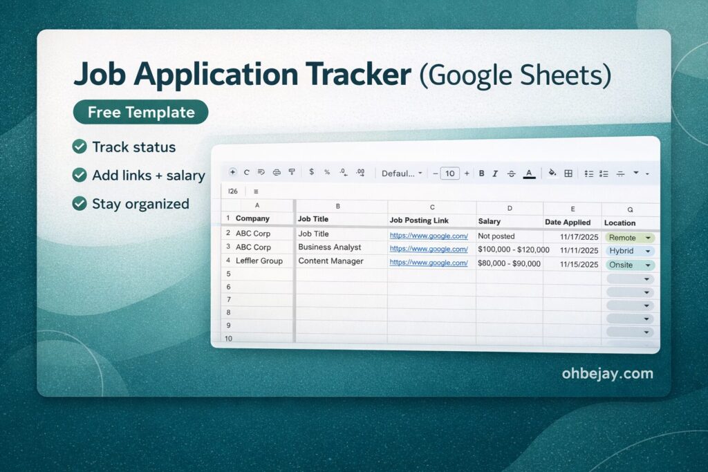 a graphic showing a job application tracker spreadsheet