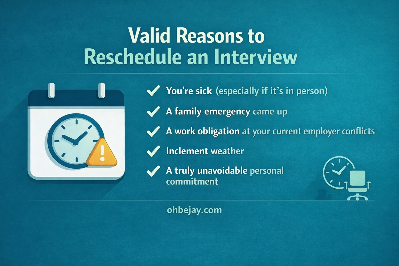 'is it bad to reschedule an interview' infographic with valid reasons to reschedule