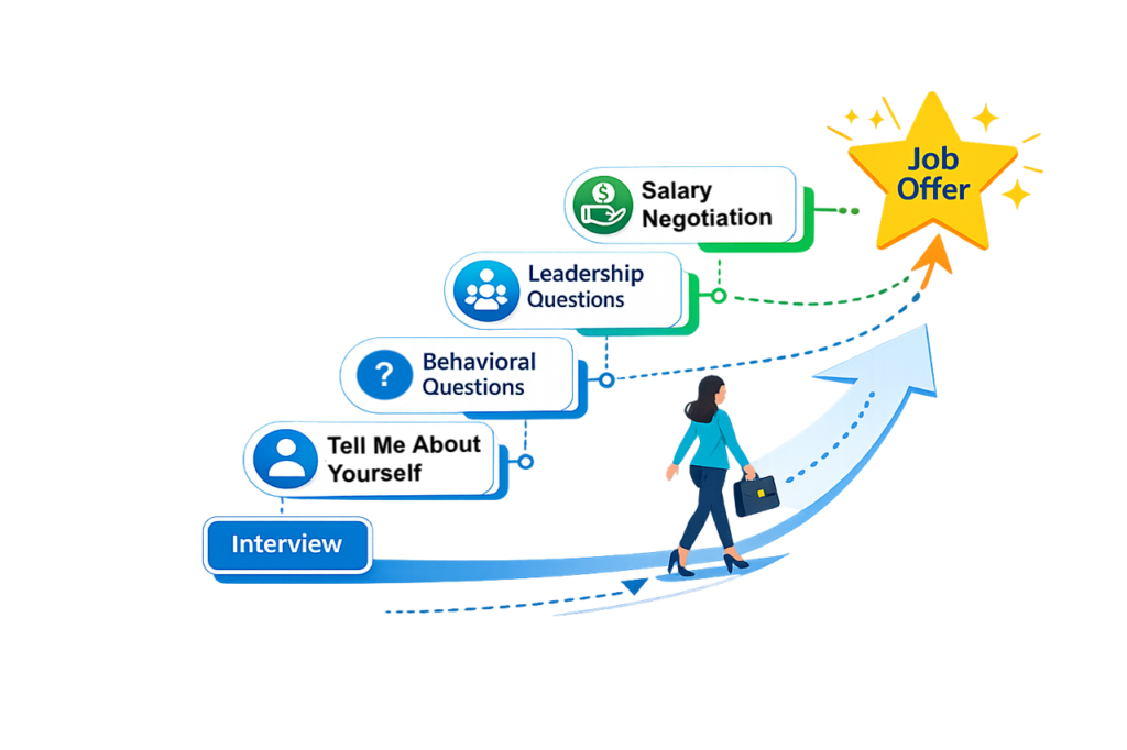 job interview journey illustration showing five steps to job offer